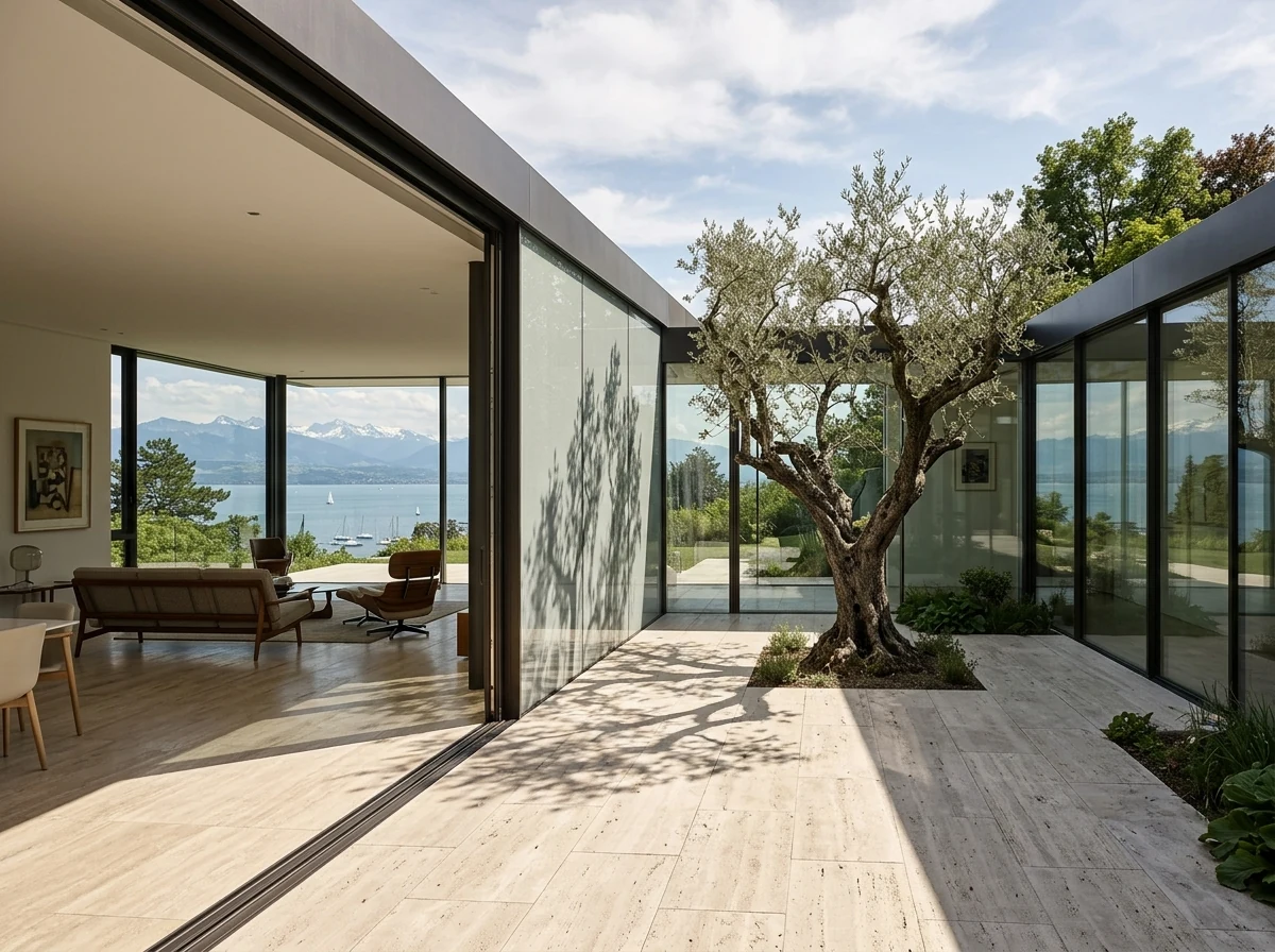 Olivo Escultural Asimétrico en Patio de Vidrio Ginebra — Sculptural Asymmetric Olive Tree