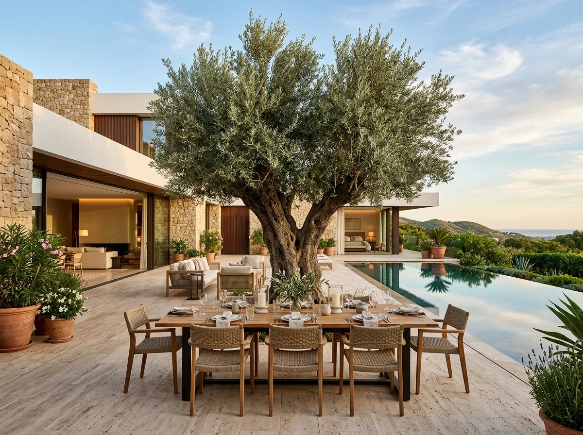 Olivo de Copa Sombrilla en Casa Patio Sotogrande — Umbrella Canopy Olive Tree Sourcing Spain