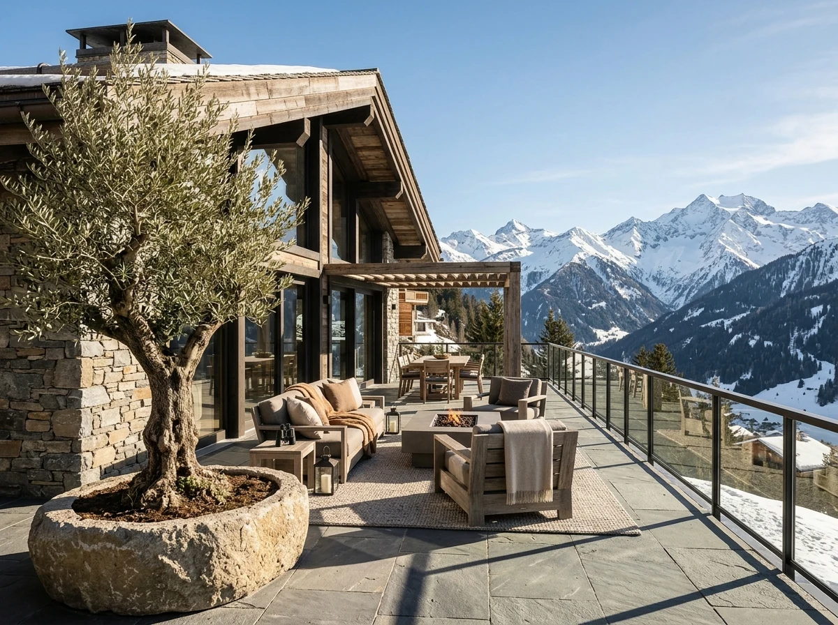 Olivo de Copa Compacta en Terraza Alpina Verbier Suiza — Specimen Olive Tree Alpine Residence