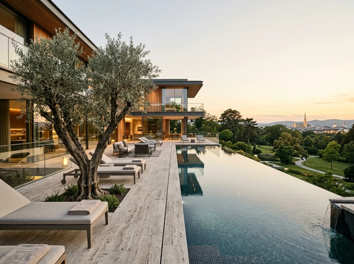 Olivo Multi-Tronco en Piscina de Lujo Viena — Multi-Stem Olive Tree Architectural Pool Deck